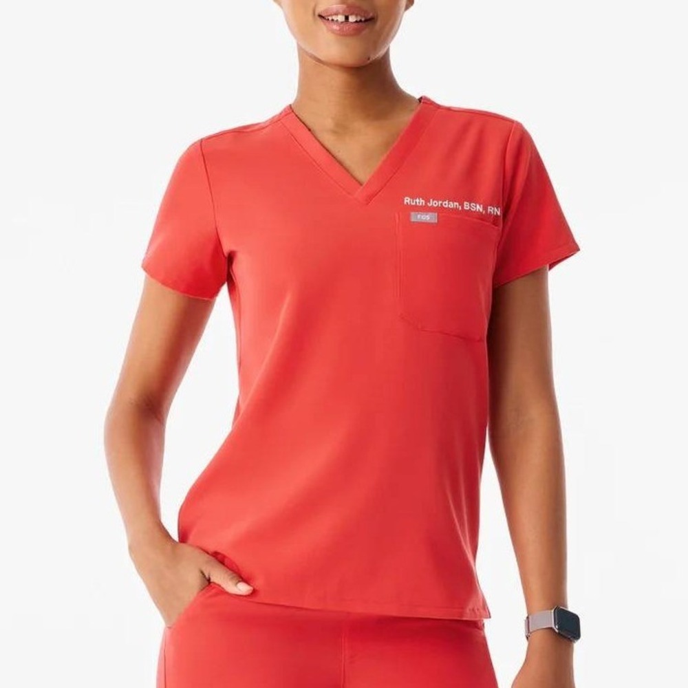 FIGS Catarina Scrub Top Women Medium Hibiscus Excellent V-Neck One-Pocket FW1000